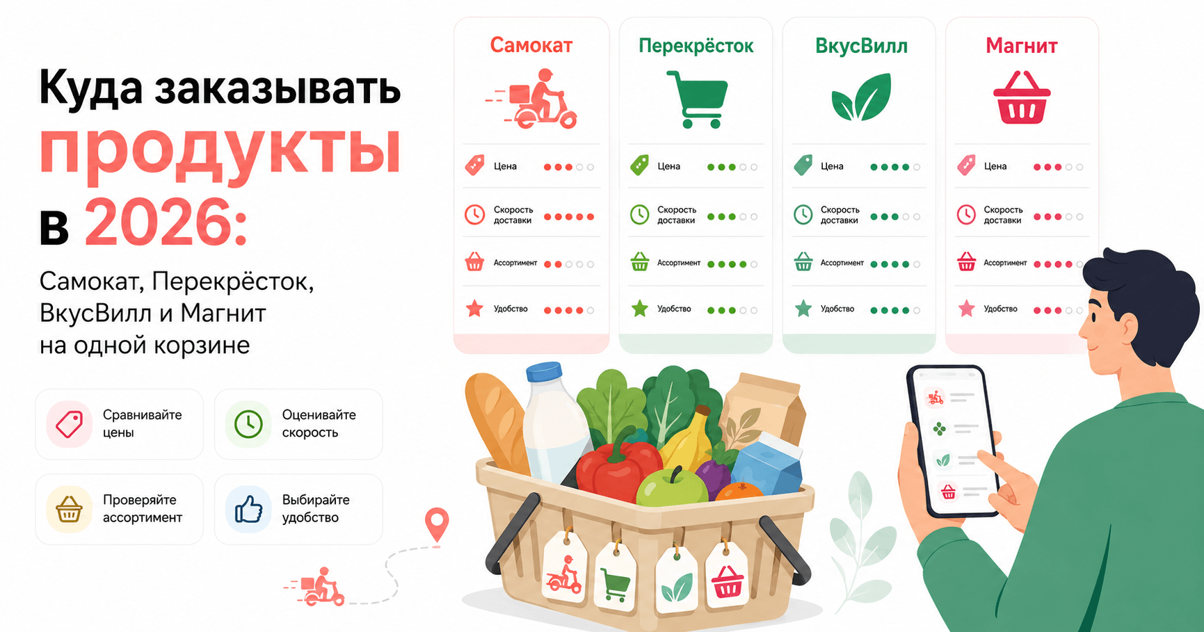 Куда заказывать продукты в 2026: Самокат, Перекрёсток, ВкусВилл и Магнит на одной корзине