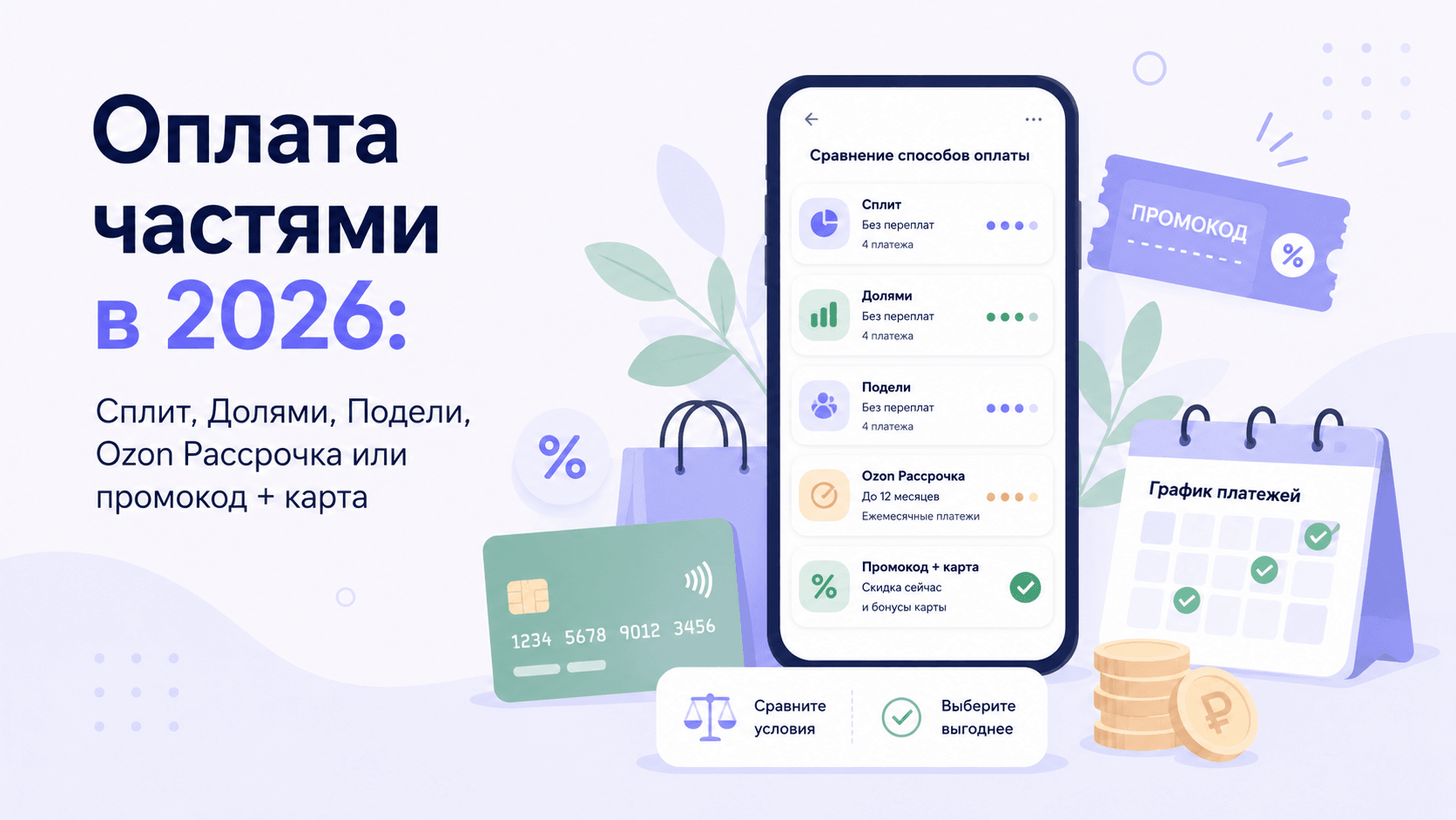 Оплата частями в 2026: Сплит, Долями, Подели, Ozon Рассрочка или промокод + карта