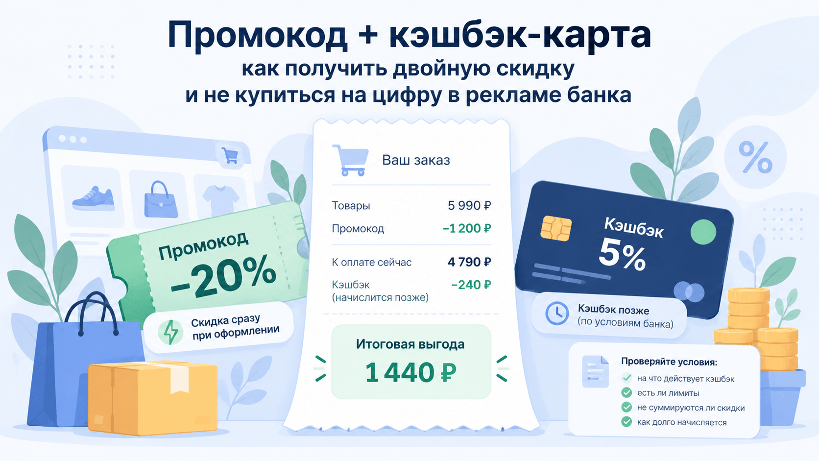 Промокод + кэшбэк-карта: как получить двойную скидку и не купиться на цифру в рекламе банка