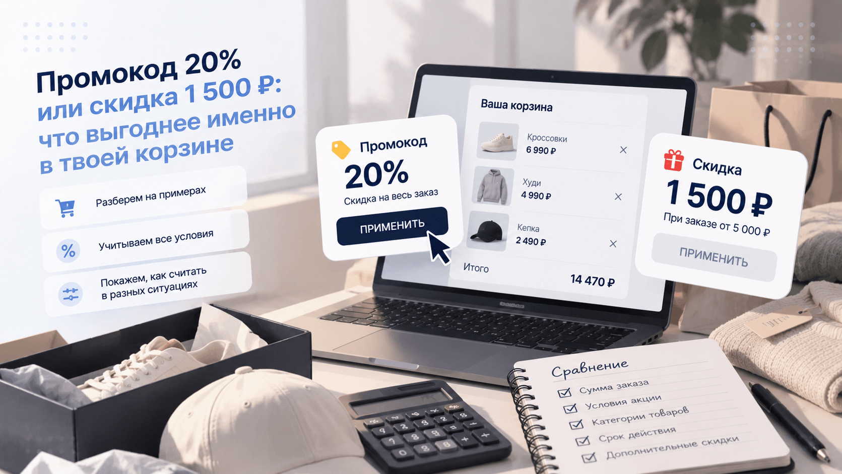 Промокод 20% или скидка 1 500 ₽: что выгоднее именно в твоей корзине