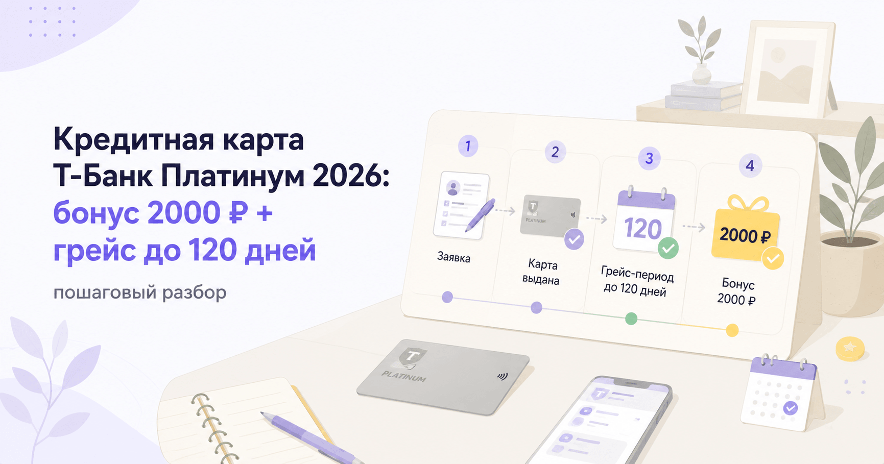 Кредитная карта Т-Банк Платинум 2026: бонус 2000 ₽ + грейс до 120 дней — пошаговый разбор